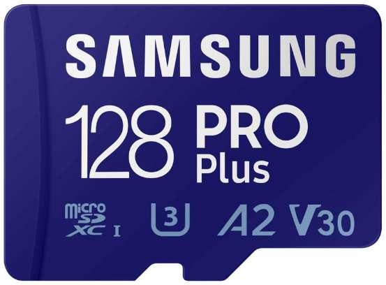 Карта памяти MicroSDXC 128GB Samsung MB-MD128SA/EU PRO Plus Class 10, A2, V30, UHS-I (U3), W 130 МБ/с, R 180 МБ/с, адаптер на SD