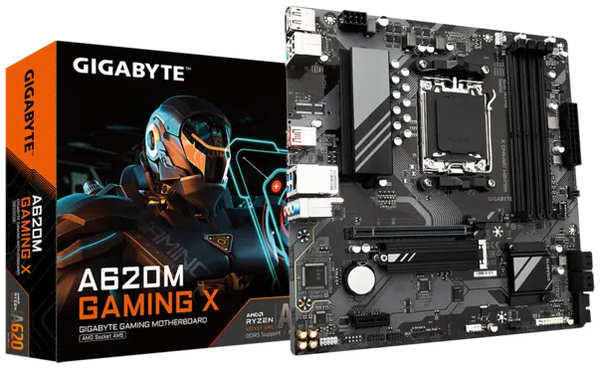 Материнская плата mATX GIGABYTE A620M GAMING X (AM5, AMD A620, 4*DDR5 (8000), 4*SATA 6G RAID, M.2, 2*PCIE, Glan, HDMI, DP, 2*USB Type-C, 2*USB 3.2, 2*