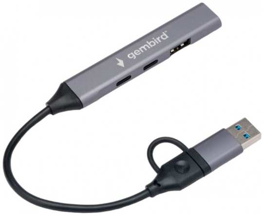 Разветвитель USB 3.0 Gembird UHB-C444 4 порта: 2хType-C, 1хUSB 3.0, 1хUSB 2.0, алюминиевый корпус, серый, кабель Type-C+USB 9698436025