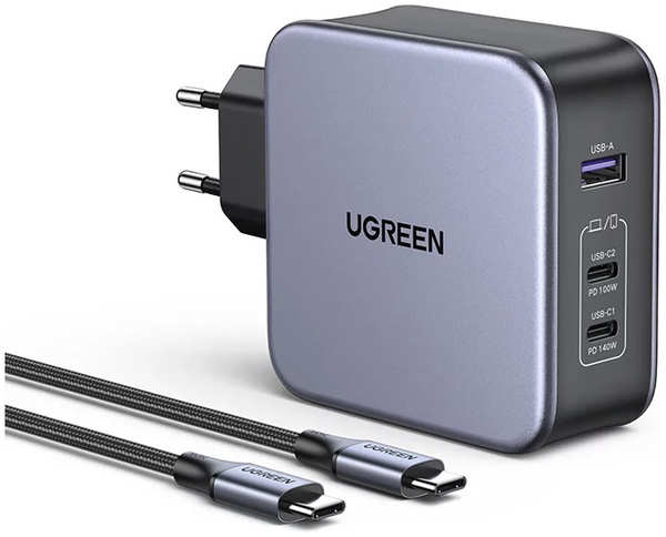 Зарядное устройство сетевое UGREEN CD289 90549 USB Type-А/2*USB Type-С, 140W, кабель USB-C/USB-C, 2м, черное 9698444009