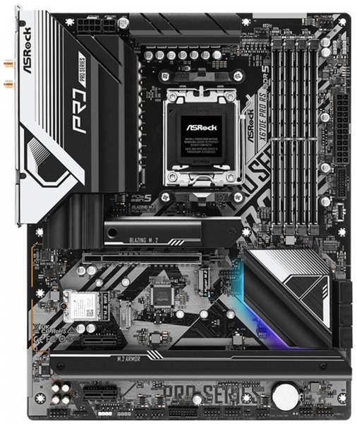 Материнская плата ATX ASRock X670E PRO RS (AM5, AMD X670, 4*DDR5 (6600), 6*SATA 6G RAID, 5*M.2, 3*PCIE, 2.5Glan, WiFFi, BT, HDMI, DP, USB Type-C, 5*US