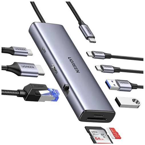 Конвертер UGREEN CM498 15375_ USB-C to 2*USB3.0+2*USB-C+HDMI+RJ45+SD&TF +PD port Converter. Цвет: серый 9698450210