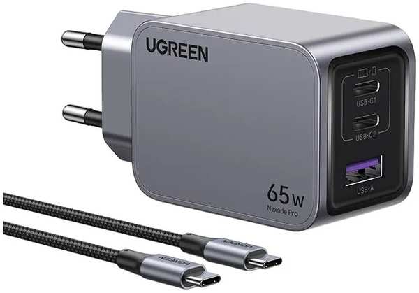 Зарядное устройство сетевое UGREEN X755 25871 Nexode Pro 65W 3-Port GaN Fast Charger EU с кабелем 100W. Длина кабеля: 1м. Цвет: серый 9698450260