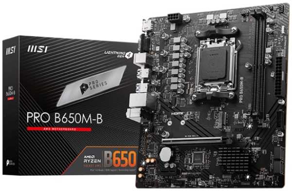 Материнская плата mATX MSI PRO B650M-B (AM5, AMD B650, 2*DDR5 (6800), 4*SATA 6G RAID, M.2, PCIE, 2.5Glan, VGA, HDMI, 4*USB 3.2, 2*USB 2.0)
