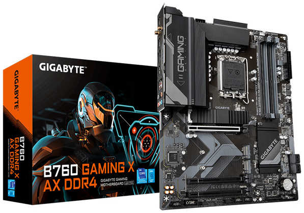 Материнская плата ATX GIGABYTE B760 GAMING X AX DDR4 (LGA1700, B760, 4*DDR4(5333), 4*SATA 6G RAID, 3*M.2, 3*PCIE, 2.5Glan, WiFi, BT, HDMI, DP, 5*USB 3