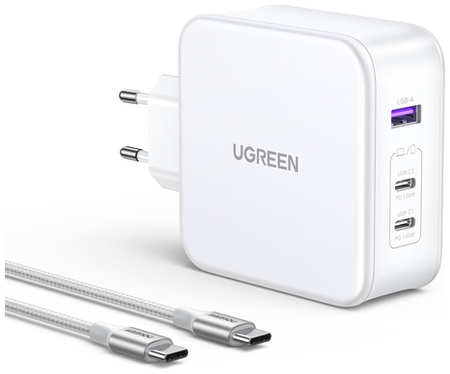 Зарядное устройство сетевое UGREEN CD289 15339_ Nexode USB-A/2*USB-C, 140W, с кабелем USB-C к USB-C, 2м, белый 9698470687