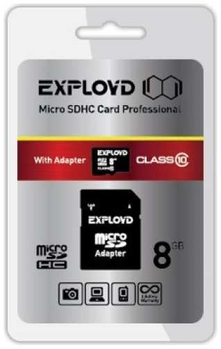 Карта памяти MicroSDHC 8GB Exployd EX008GCSDHC10-AD Class 10 + SD адаптер 9698472030