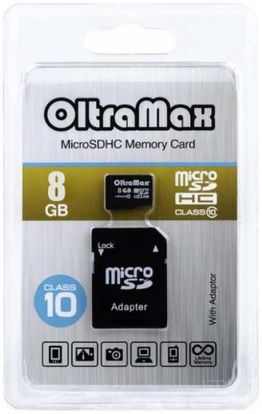 Карта памяти MicroSDHC 8GB OltraMax OM008GCSDHC10-AD Class 10 + SD адаптер