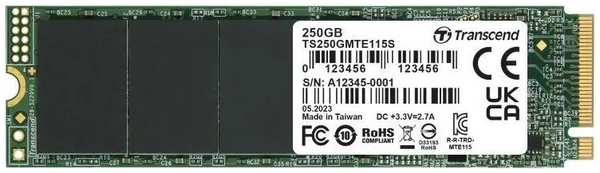 Накопитель SSD M.2 2280 Transcend TS250GMTE115S MTE115S 250GB PCIe 3.0 x4 NVMe 3D TLC 3200/1300MB/s IOPS 250K/170K TBW 100 DWPD 0.2