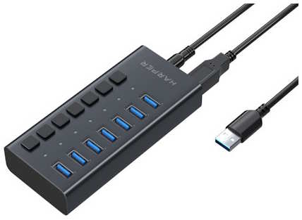 Концентратор Harper HUB-07MB Black 7*USB 3.2, переходник: USB 3.0/Type-C, до 5 Гб/с, алюминий, индикатор работы устройства: LED 9698488307