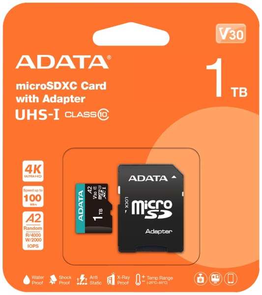 Карта памяти MicroSDXC 1024GB ADATA AUSDX1TUI3V30SA2-RA1 Class 10 UHS-I U3 V30S A2 100/80 MB/s (SD адаптер)