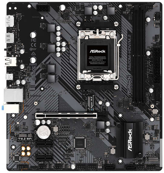 Материнская плата mATX ASRock A620M-HDV/M.2 (AM5, AMD A620, 2*DDR5 (6400), 2*SATA3 6G RAID, 2*M.2, Glan, HDMI, DP, USB 3.2 Type-C, 2*USB 3.2 Type-A, 2