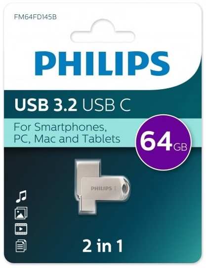 Накопитель USB 3.2 64GB Philips FM64FD145B/97 Type-C, OTG, USB 3.2/Type-C, Металл, 100 MB/s