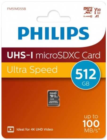 Карта памяти MicroSDXC 512GB Philips FM51MD55B/97 High Speed Class UHS-I U3, V30, A1, 100MB/s