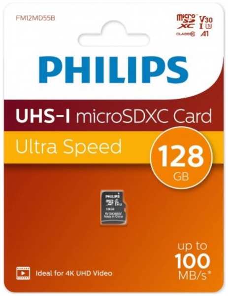 Карта памяти MicroSDXC 128GB Philips FM12MD55B/97 High Speed Class UHS-I U3, V30, A1, 100MB/s