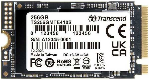 Накопитель SSD M.2 2280 Transcend MTE410S 256GB, NVMe, 3D TLC, 3300/1600MB/s, IOPs 570K/700K, TBW 150