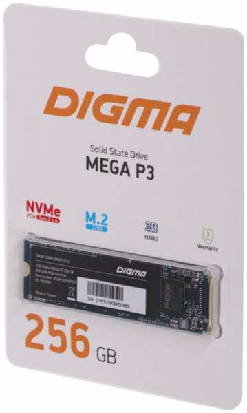 Накопитель SSD M.2 2280 Digma Mega P3 DGSM3256GP33T 256GB, 1700/1100MB/s, 225K/105K IOPS, TBW 200, MTBF 2M