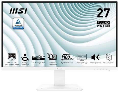 Монитор 27″ MSI PRO MP273AW 9S6-3PB4CH-217 1920x1080 LED, 16:9, IPS, 300cd, 1000:1, 1ms, 178/178, VGA, DP, HDMI, 100Hz, Speakers, tilt, VESA 75х75, wh 9698881561