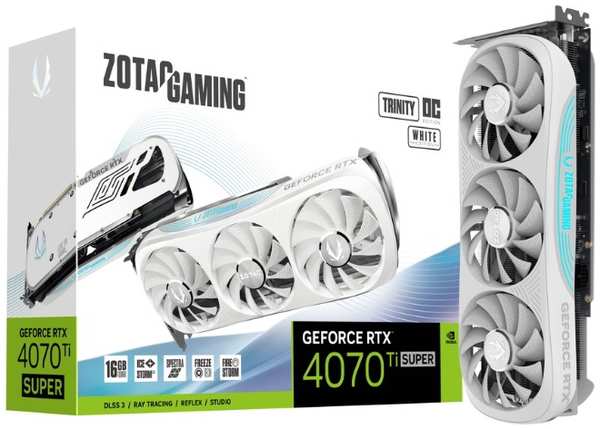 Видеокарта PCI-E Zotac GeForce RTX 4070 Ti SUPER TRINITY OC WHITE ED (ZT-D40730Q-10P) 16GB GDDR6X 256bit 5nm 2340/21000MHz 3*DP HDMI 9698881567