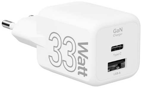 Зарядное устройство сетевое Lyambda LJC-33-1C1A GaN, 33 Вт, 1xUSB-C, 1xUSB-A, белый 9698883606