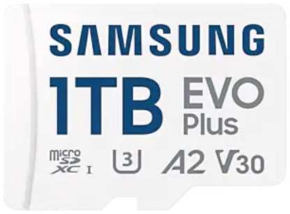 Карта памяти MicroSDXC 1024GB Samsung MB-MC1T0SA/EU EVO Plus Class 10, A2, V30, UHS-I (U3), W 90 МБ/с, R 160 МБ/с, адаптер на SD