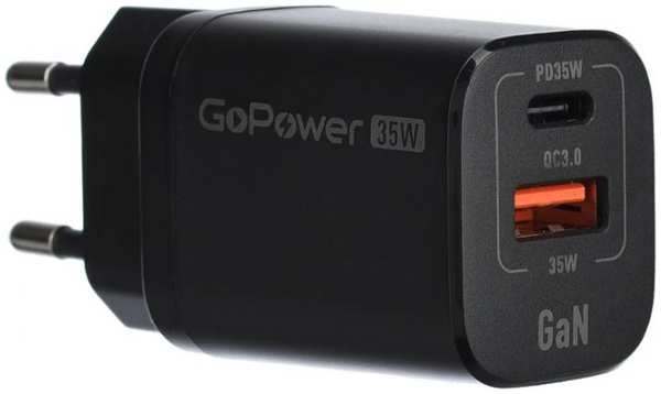 Зарядное устройство сетевое GoPower GPQC09 00-00028403 1USB+1Type-C 35W QC3.0 GAN черный (1000773527) 9698886534