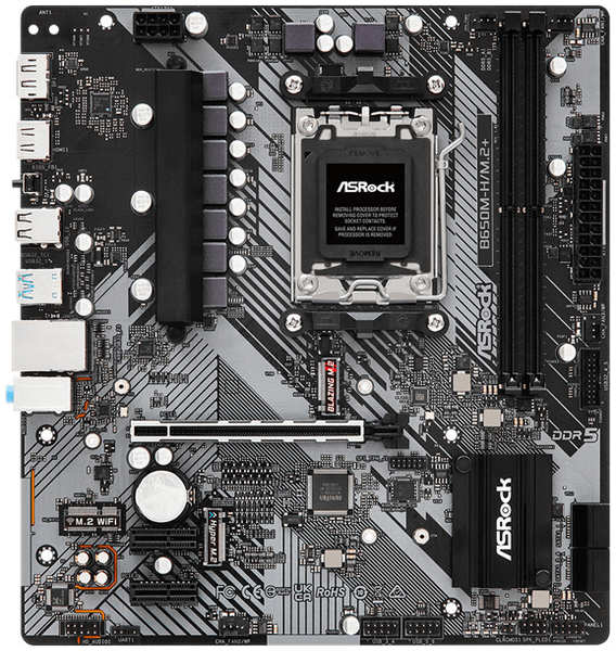 Материнская плата mATX ASRock B650M-H/M.2+ (AM5, AMD B650, 2*DDR5(6400+), 4*SATA 6G RAID, PCIe, Glan, HDMI, 3*USB 3.2, 2*USB 2.0, Type-C) 9698887403