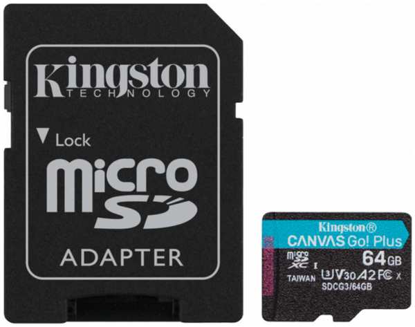 Карта памяти MicroSDXC 64GB Kingston SDCG3/64GB UHS-II Class U3 V30 A2, чтение: 170Мб/с, запись: 70Мб/с, с адаптером 969909501