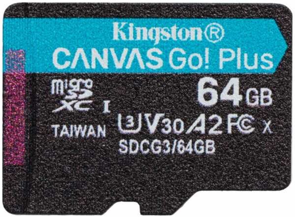 Карта памяти MicroSDXC 64GB Kingston SDCG3/64GBSP UHS-II Class U3 V30 A2, чтение: 170Мб/с, запись: 70Мб/с, без адаптера