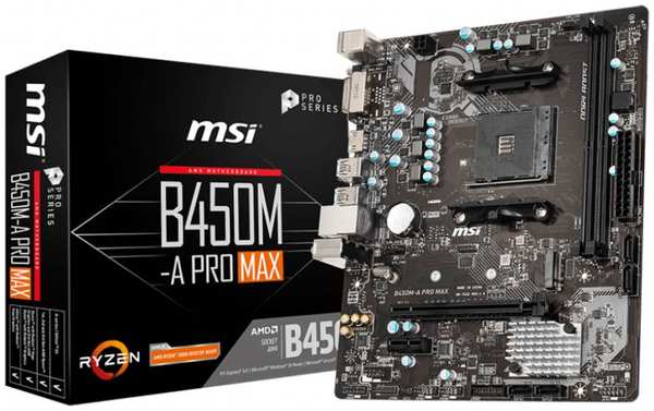 Материнская плата mATX MSI B450M-A PRO MAX (AM4,AMD B450,2*DDR4(2667),4*SATA 6G,M.2,2*PCIE,7.1CH,Glan,6*USB 3.2/DVI-D/HDMI) 969923344