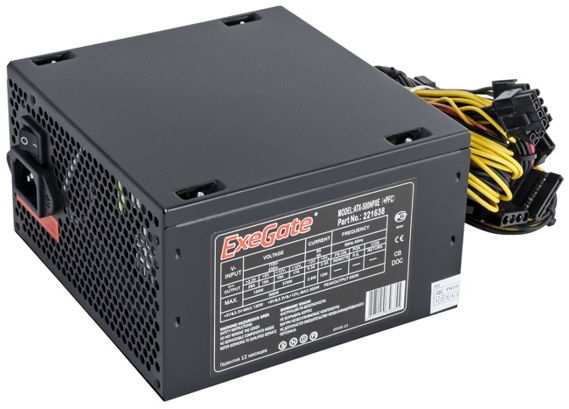 Блок питания ATX Exegate 500NPXE EX221638RUS-S 500W (+PFC), black, 12cm fan, 24p+4p, 6/8p PCI-E, 4*SATA,3*IDE, FDD + кабель 220V с защитой от выдергив 969933324
