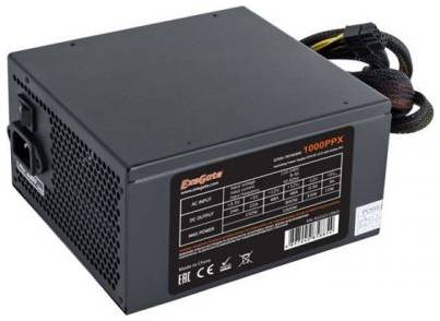 Блок питания ATX Exegate 1000PPX EX222115RUS-S 1000W RTL, SC, black, activePFC, 14cm, 24p+2*(4+4)p, PCI-E, 5*SATA, 4*IDE, FDD + кабель 220V с защитой 969933393