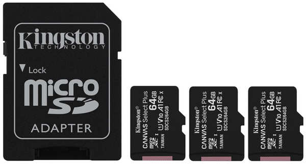 Карта памяти MicroSDXC 64GB Kingston Canvas Select Plus 3 x 64 GB, UHS-I Class 10 U1 A1, чтение до 100Мб/с, с адаптером