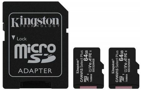 Карта памяти 64GB Kingston Canvas Select Plus SDCS2/64GB-2P1A 2 x 64 GB, UHS-I Class 10 U1 A1, чтение до 100Мб/с, с адаптером