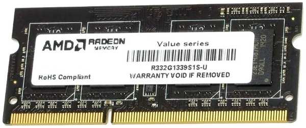 Модуль памяти SODIMM DDR3 2GB AMD R332G1339S1S-U 1333MHz, PC3-10600, CL9, 1.5V, Non-ECC, RTL 969941747