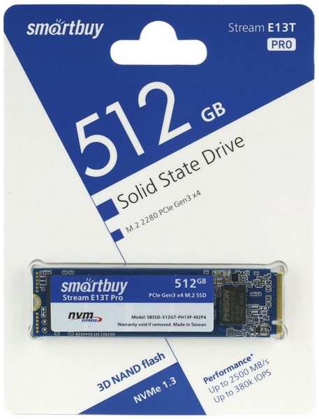 Накопитель SSD M.2 SmartBuy SBSSD-512GT-PH13P-M2P4 512GB, Stream E13T Pro, PCI-E x4, up to 2500/2100MBs, NVMe, 3D TLC, PS5013T, 22х80мм