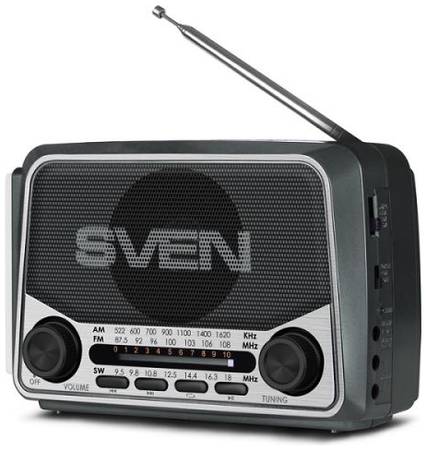 Радиоприемник Sven SRP-525 SV-017156 серая, 3Вт, USB, microSD, FM/AM/SW, фонарь, встроенный аккумулятор