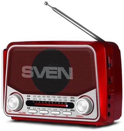 Радиоприемник Sven SRP-525 SV-017163 красная, 3Вт, USB, microSD, FM/AM/SW, фонарь, встроенный аккумулятор 969961907