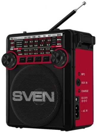 Радиоприемник Sven SRP-355 SV-017132 красная, 3Вт, USB, SD/microSD, FM/AM/SW, фонарь, встроенный аккумулятор