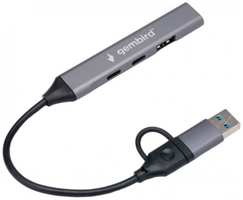 Разветвитель USB 3.0 Gembird UHB-C444 4 порта: 2хType-C, 1хUSB 3.0, 1хUSB 2.0, алюминиевый корпус, серый, кабель Type-C+USB