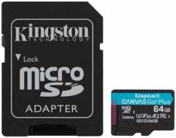 Карта памяти MicroSDXC 64GB Kingston SDCG3/64GB UHS-II Class U3 V30 A2, чтение: 170Мб/с, запись: 70Мб/с, с адаптером