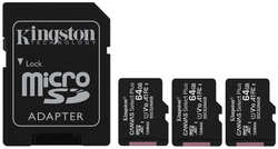 Карта памяти 64GB Kingston Canvas Select Plus SDCS2/64GB-3P1A 3 x 64 GB, UHS-I Class 10 U1 A1, чтение до 100Мб/с, с адаптером