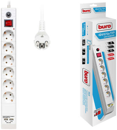 Сетевой фильтр BURO, 6-розеток, 2xUSB, 1.8 м, белый (BU-SP1.8_USB_2A-W) 970239452