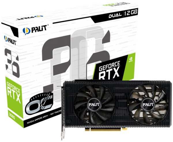 Видеокарта Palit NVIDIA GeForce RTX 3060 Dual OC, 12Gb DDR6, 192 бит, PCI-E, HDMI, 3DP, Retail (NE63060T19K9-190AD)