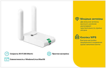 Адаптер Wi-Fi TP-LINK TL-WN822N, 802.11n, 2.4 ГГц, до 300 Мбит/с, 20 дБм, USB, внешних антенн: 2x3 дБи (TL-WN822N)