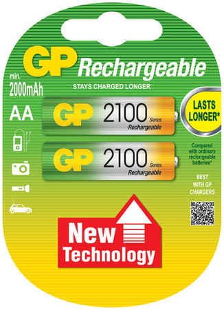 Аккумулятор GP Rechargeable, AA, 1.2V 2.1 А·ч, 2 шт. (210AAHC-2DECRC2) 970814065