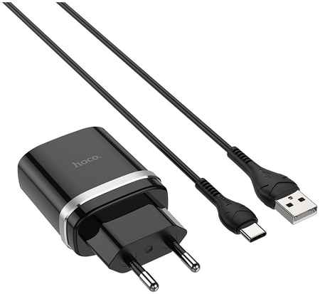 Сетевое зарядное устройство Hoco C12Q 18W, 1USB, Quick Charge, 3A, черный (6931474716293), кабель USB Type C 9708421116