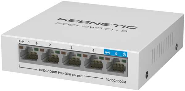 Коммутатор Keenetic PoE+ Switch 5, кол-во портов: 4x1 Гбит/с, кол-во SFP/uplink: RJ-45 1x1 Гбит/с, PoE: 4x30 Вт (макс. 60 Вт) (KN-4610) 9708607041