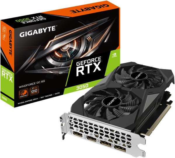 Видеокарта GIGABYTE NVIDIA GeForce RTX 3050 WindForce, 6Gb DDR6, 96 бит, PCI-E, DVI, 2HDMI, 2DP, Retail (GV-N3050WF2OC-6GD)