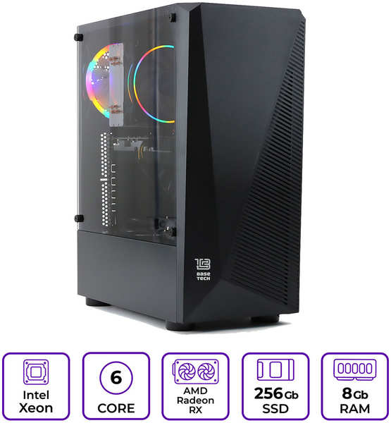 Mastero PC Системный блок Mastero Gaming GS08, Intel Xeon E5 2620 v3 2.4 ГГц, 8Gb RAM, 256Gb SSD Radeon RX 580 8Gb, DOS, (GS08-I2620-8S256-RX580)